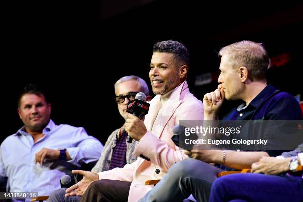 Rod Roddenberry, Alex Kurtzman, Wilson Cruz and Anthony Rapp speak onstage at the Star Trek Universe panel during New York Comic Con on October 08,...