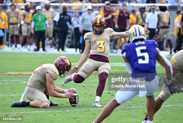 Carter Brown of the Arizona State University Sun Devils kicks a field goal against the University of Washington Huskies at Sun Devil Stadium on...