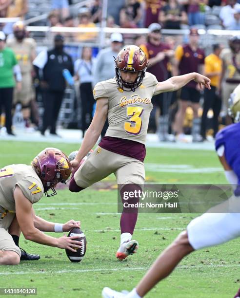 Carter Brown of the Arizona State University Sun Devils kicks a field goal against the University of Washington Huskies at Sun Devil Stadium on...