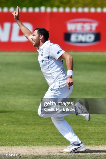 Scott Boland of the Bushrangers celebrates the wicket of Jake Lehmann of the Redbacks during the Sheffield Shield match between South Australia and...