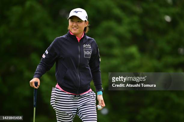 Mao Nozawa of Japan smiles after the birdie on the 1st green during the final round of the Stanley Ladies Honda Golf Tournament at Tomei Country Club...