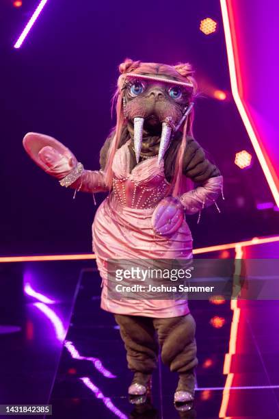 Jutta Speidel aka "Das Walross" performs during the "The Masked Singer" second show at on October 08, 2022 in Cologne, Germany.