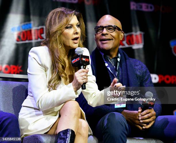 Marina Sirtis and Michael Dorn speak onstage at the Star Trek Universe panel during New York Comic Con on October 08, 2022 in New York City.