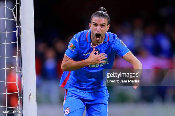 Jose Rivero of Cruz Azul celebrates after scoring his team's first goal during the playoff match between Cruz Azul and Leon as part of the Torneo...