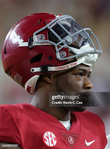 Jalen Milroe of the Alabama Crimson Tide reacts after being unable to convert a third down late in the game during the second half at Bryant-Denny...