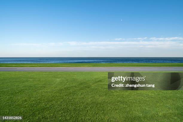 a highway crossing green lawn by the sea. - empty road ストックフォトと画像