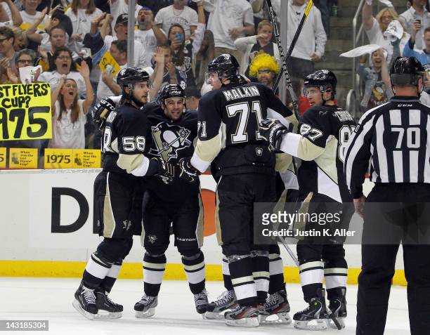 Steve Sullivan of the Pittsburgh Penguins celebrates his first period goal against the Philadelphia Flyers in Game Five of the Eastern Conference...