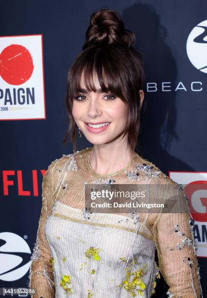 Lily Collins attends the GO Campaign 15th Annual GO Gala hosted by Lily Collins at City Market Social House on October 08, 2022 in Los Angeles,...