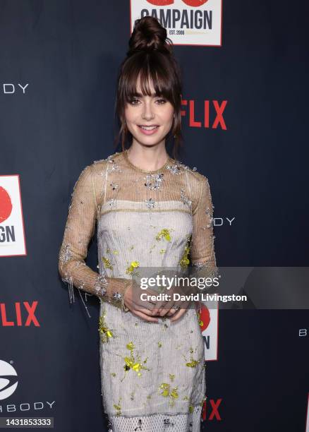 Lily Collins attends the GO Campaign 15th Annual GO Gala hosted by Lily Collins at City Market Social House on October 08, 2022 in Los Angeles,...