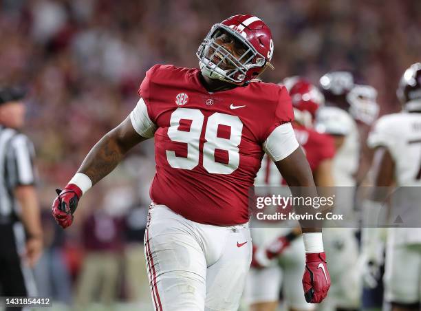 Jamil Burroughs of the Alabama Crimson Tide reacts after a defensive stop against the Texas A&M Aggies during the second half at Bryant-Denny Stadium...