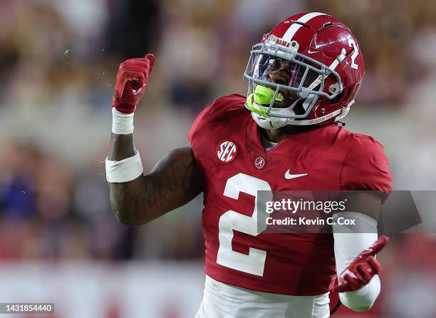 DeMarcco Hellams of the Alabama Crimson Tide reacts after a defensive stop against the Texas A&M Aggies during the second half at Bryant-Denny...