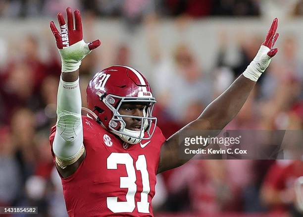Will Anderson Jr. #31 of the Alabama Crimson Tide reacts after a defensive stop against the Texas A&M Aggies during the second half at Bryant-Denny...