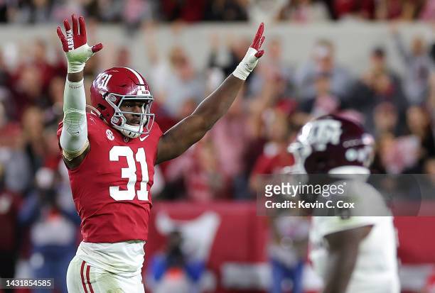 Will Anderson Jr. #31 of the Alabama Crimson Tide reacts after a defensive stop against the Texas A&M Aggies during the second half at Bryant-Denny...
