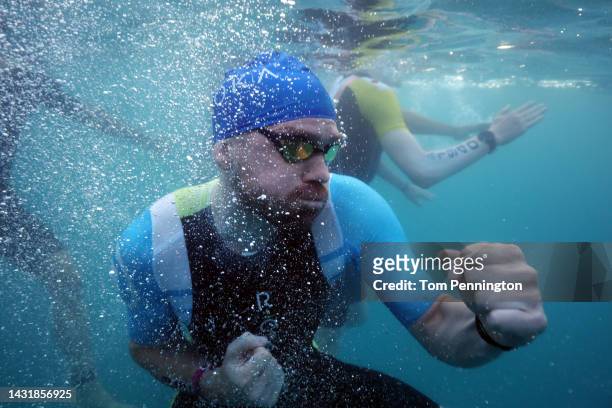 An athlete prepares to compete in the swim portion of the IRONMAN World Championships on October 08, 2022 in Kailua Kona, Hawaii.