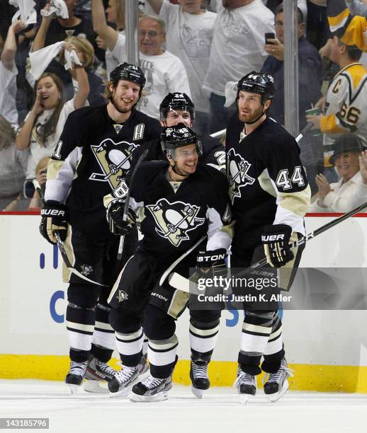 Tyler Kennedy of the Pittsburgh Penguins celebrates his second period goal against the Philadelphia Flyers in Game Five of the Eastern Conference...