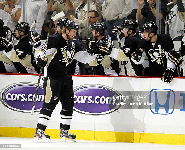 Jordan Staal of the Pittsburgh Penguins celebrates his second period goal against the Philadelphia Flyers in Game Five of the Eastern Conference...