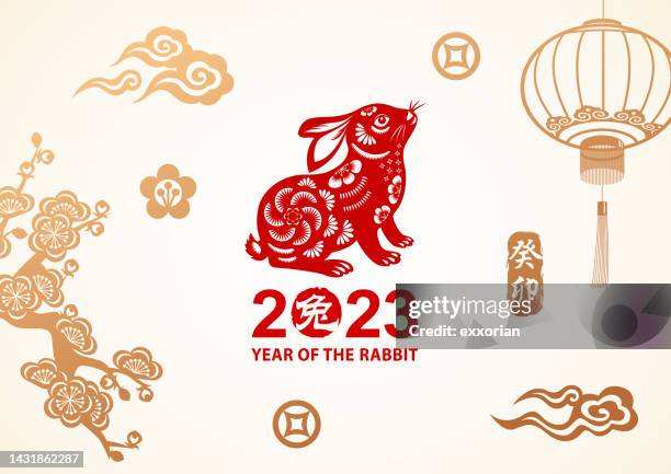 illustrazioni stock, clip art, cartoni animati e icone di tendenza di celebrazione dell'anno del coniglio - chinese new year