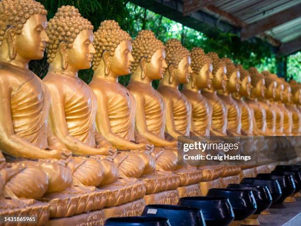 macro extreme close up of golden buddhas in a row with offering bowls through to vanishing point. - religieus icoon stockfoto's en -beelden