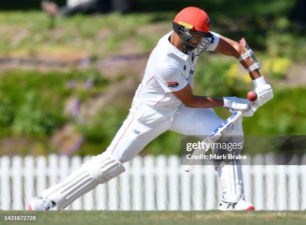 Wes Agar of the Redbacks bats during the Sheffield Shield match between South Australia and Victoria at Karen Rolton Oval, on October 09 in Adelaide,...