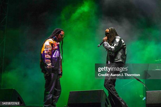 Takeoff and Quavo of Migos perform onstage during the 2022 ONE MusicFest at Central Park on October 08, 2022 in Atlanta, Georgia.