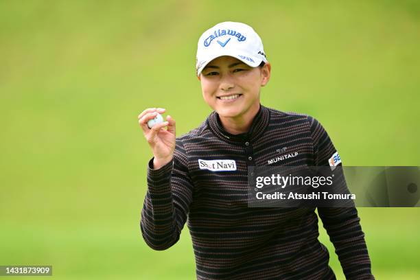 Sakura Yokomine of Japan celebrates the chip-in-birdie on the 6th hole during the final round of the Stanley Ladies Honda Golf Tournament at Tomei...