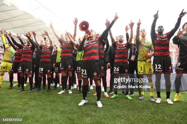 Jarrod Carluccio of the Wanderers leads the chant as the Wanderers team celebrate victory during the round one A-League Men's match between Western...