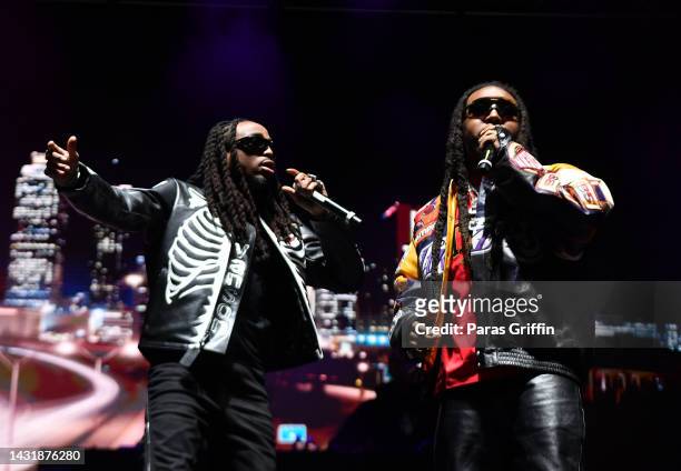 Quavo and Takeoff make a surprise performance during Day 1 of the 2022 ONE MusicFest at Central Park on October 08, 2022 in Atlanta, Georgia.