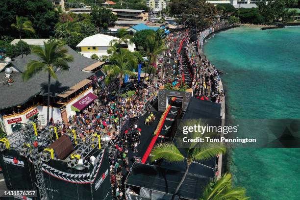 An aerial view as age groupers cross the finish line of the IRONMAN World Championships on October 08, 2022 in Kailua Kona, Hawaii.