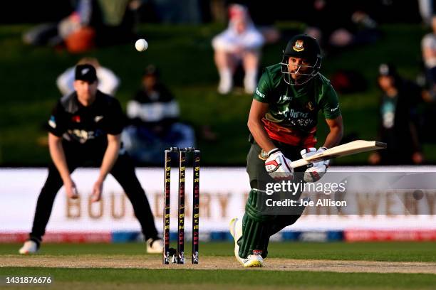 Najmul Hossain Shanto of Bangladesh bats during game three of the T20 International series between New Zealand and Bangladesh at Hagley Oval on...