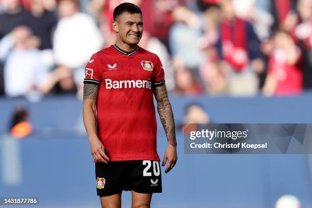 Charles Aranguiz of Leverkusen looks on during the Bundesliga match between Bayer 04 Leverkusen and FC Schalke 04 at BayArena on October 08, 2022 in...