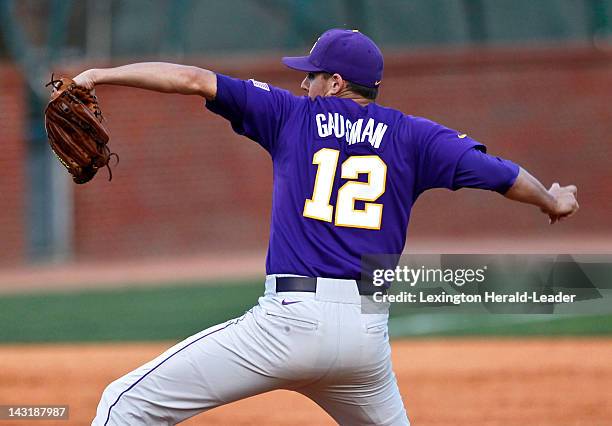 Pitcher Kevin Gausman works in the fourth inning against Kentucky in Lexington, Kentucky, Friday, April 20, 2012. LSU defeated Kentucky, 5-4.