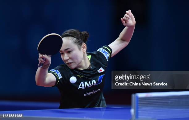 Mima Ito of Japan competes against Wang Manyu of China during the Women's Final match between China and Japan on Day 9 of 2022 ITTF World Team...