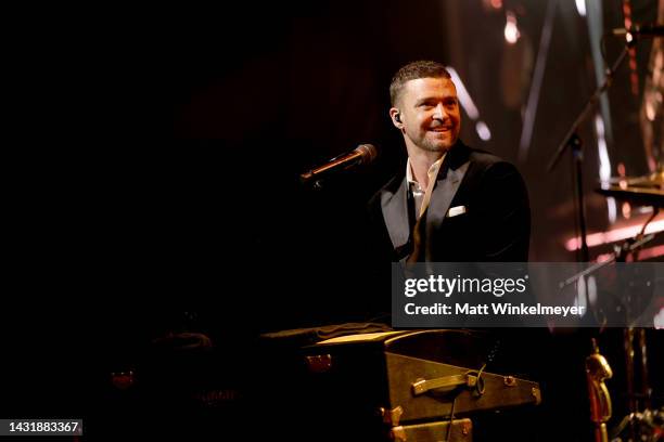 Justin Timberlake performs during the 2022 Children’s Hospital Los Angeles Gala at the Barker Hangar on October 08, 2022 in Santa Monica, California.