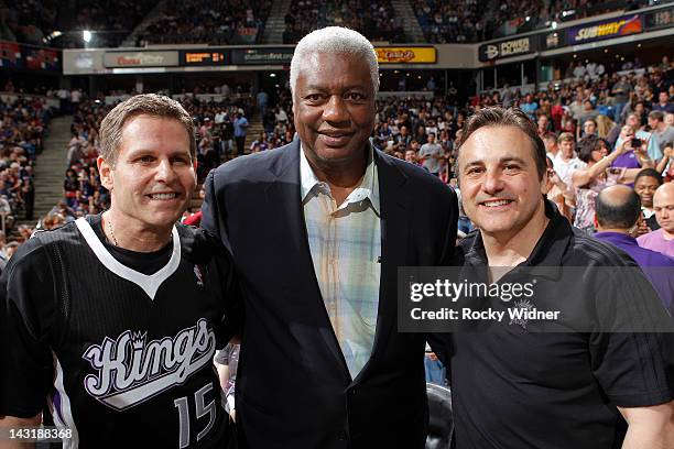 Sacramento Kings Owners Joe and Gavin Maloof pose for a picture with Sacramento Kings great, Oscar Robertson on April 20, 2012 at Power Balance...