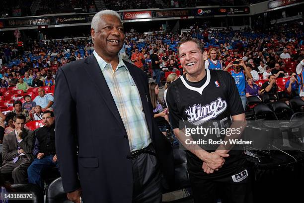 Oscar Robertson and Joe Maloof owner of the Sacramento Kings during a timeout in the game between the Oklahoma City Thunder and the Sacramento Kings...