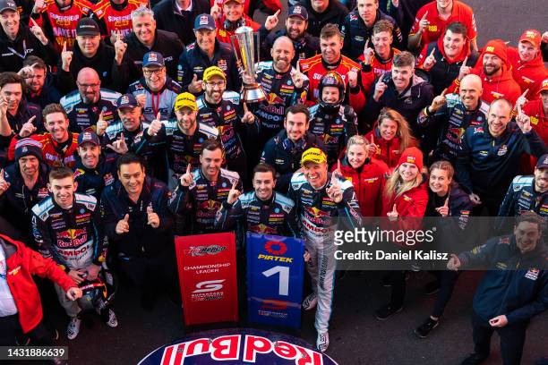 Shane van Gisbergen driver of the Red Bull Ampol Holden Commodore ZB and Garth Tander driver of the Red Bull Ampol Holden Commodore ZB celebrate...