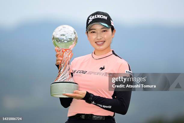 Sakura Koiwai of Japan poses with the trophy after winning the tournament following the final round of the Stanley Ladies Honda Golf Tournament at...