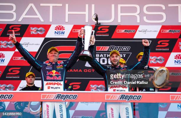 Shane van Gisbergen driver of the Red Bull Ampol Holden Commodore ZB and Garth Tander driver of the Red Bull Ampol Holden Commodore ZB celebrate...