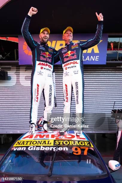 Shane van Gisbergen driver of the Red Bull Ampol Holden Commodore ZB and Garth Tander driver of the Red Bull Ampol Holden Commodore ZB celebrate...