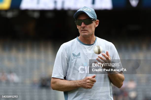 Mike Hussey, assistant coach of England looks on as players warm up during game one of the T20 International series between Australia and England at...