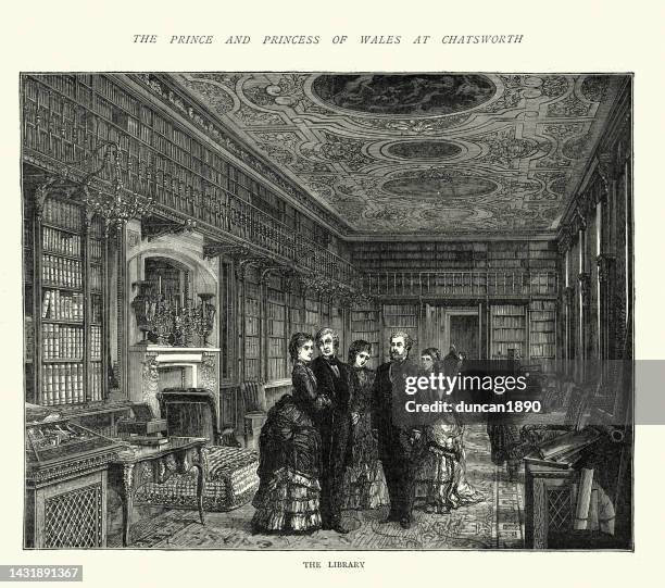 prince of wales, later king edward vii, in the library at chatsworth, victorian 1870s, 19th century - victorian mansion stock illustrations