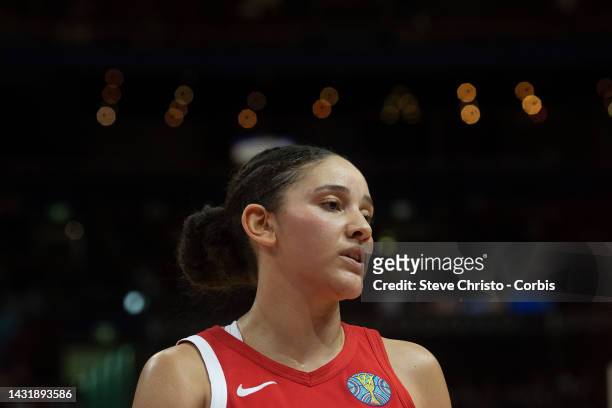 Canadas Natalie Achonwa talks to the referee during the 2022 FIBA Women's Basketball World Cup 3rd place match between Canada and Australia at Sydney...