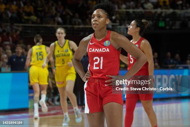 Canadas Nirra Fields stands at the free through line during the 2022 FIBA Women's Basketball World Cup 3rd place match between Canada and Australia...