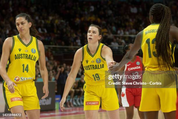 Australia's Sara Blicavs reacts with team-mates after a free through during the 2022 FIBA Women's Basketball World Cup 3rd place match between Canada...