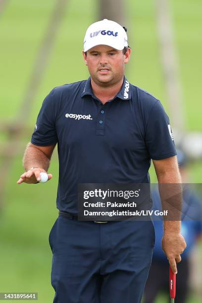 Patrick Reed of 4 Aces GC waves on the 18th green during Day Three of the LIV Golf Invitational - Bangkok at Stonehill Golf Course on October 09,...