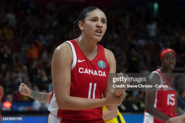 Canadas Natalie Achonwa reacts to the referee during the 2022 FIBA Women's Basketball World Cup 3rd place match between Canada and Australia at...