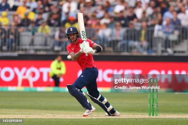 Alex Hales of England watches the ball after his shot during game one of the T20 International series between Australia and England at Optus Stadium...