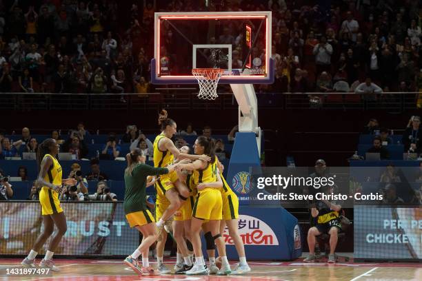 Australia reacts to winning the match during the 2022 FIBA Women's Basketball World Cup 3rd place match between Canada and Australia at Sydney...