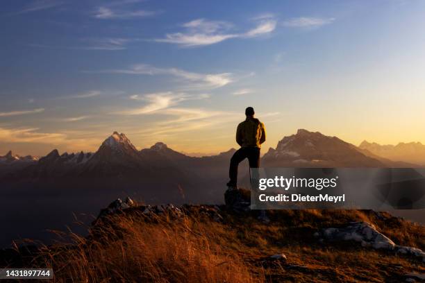 mountaineer in the alps standing on berchtesgadener hochthron mountain with a view of watzmann - adrenaline bildbanksfoton och bilder