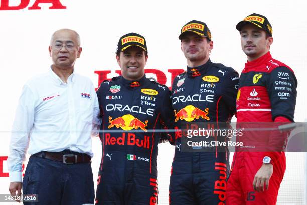 Race winner and 2022 F1 World Drivers Champion Max Verstappen of Netherlands and Oracle Red Bull Racing , Second placed Sergio Perez of Mexico and...